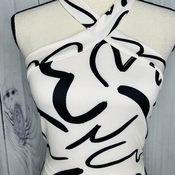 SHEIN Women's Black Ivory Satin Tie-Neck Halter Crop Top Smocked Back Sz S - Picture 3 of 8